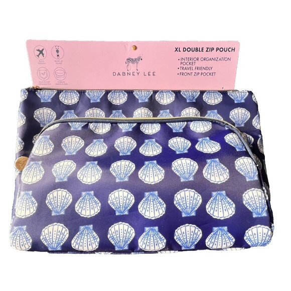 NWT Dabney Lee XL Double Zip Pouch Navy Blue w/ Seashells Travel Organizer - Picture 1 of 4